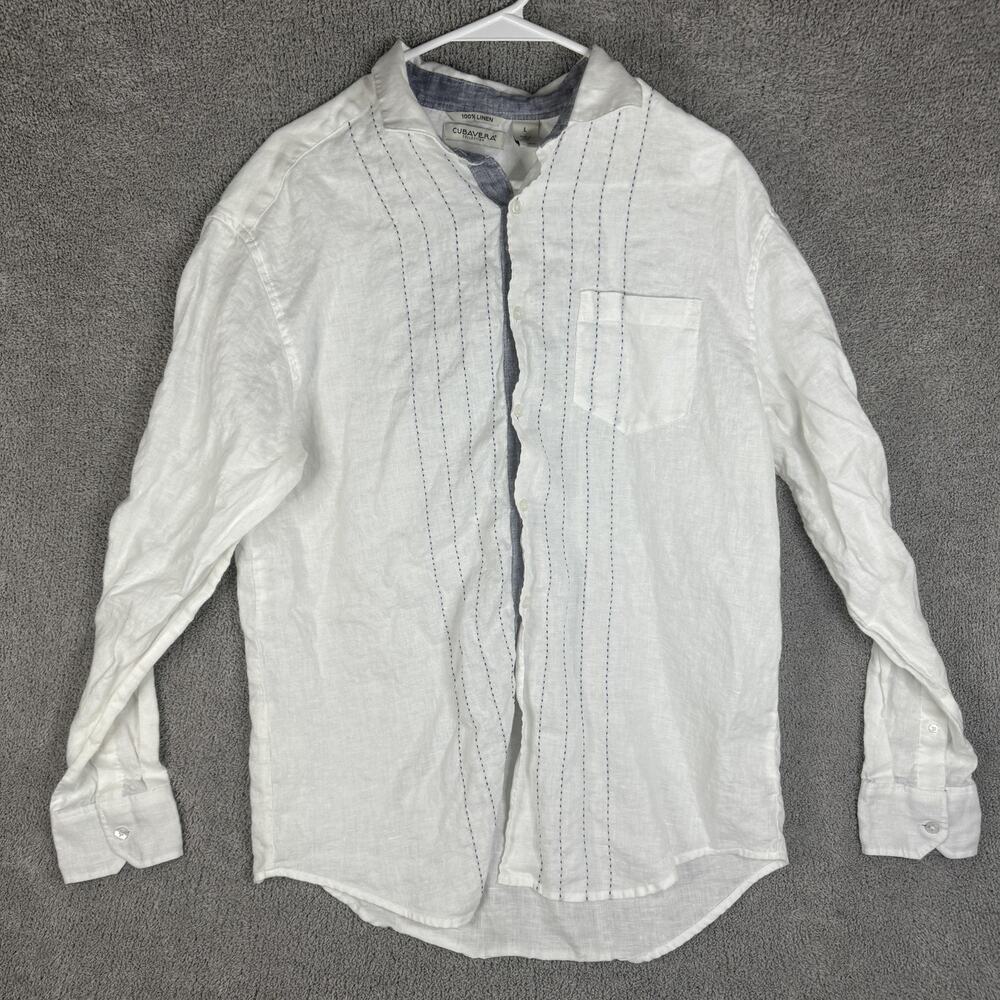 Cubavera Shirt Mens Large White 100% Linen Band Collar Long Sleeve Embroidered